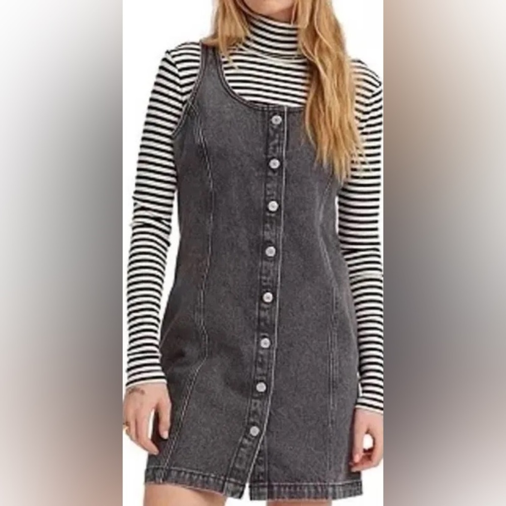 Levi's Grey Black Button-Front Denim Pinafore Mini Dress